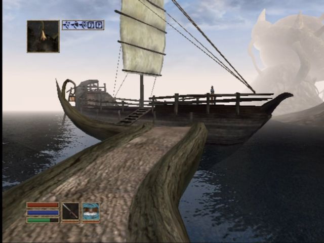 The Elder Scrolls III: Morrowind (Xbox) screenshot: Water effects and an instant-travel ship.