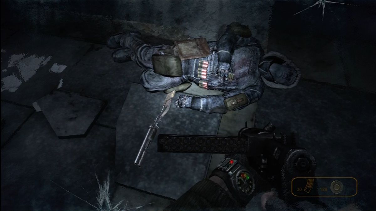 Metro 2033 (Xbox 360) screenshot: Scavenge items from the dead to survive.