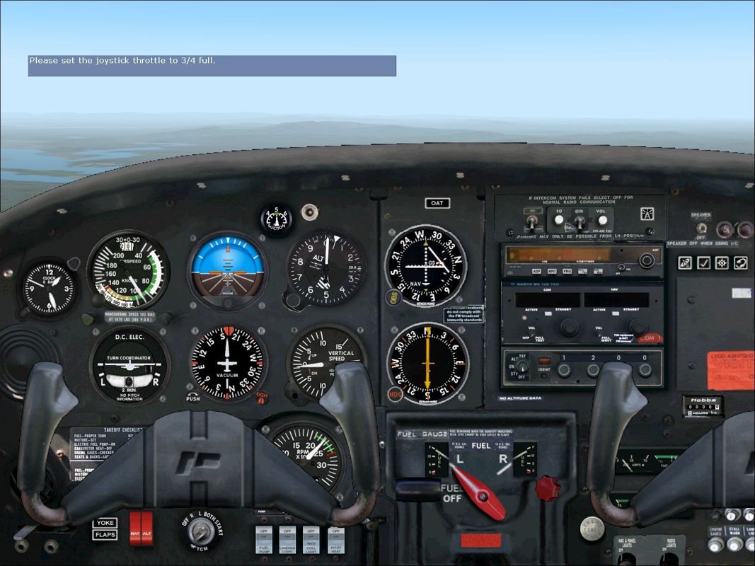 Flying Club (Windows) screenshot: The flight simulator's Student lessons with Rod Machado have been altered to use the PA-38 Tomahawk. This is its instrument panel.