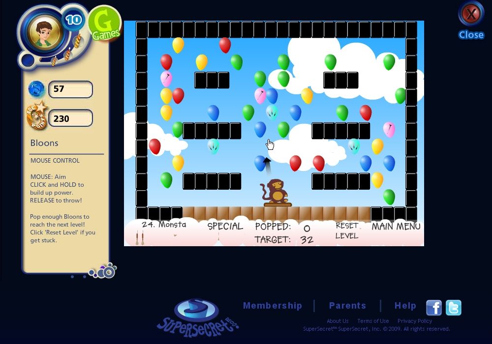 SuperSecret (Browser) screenshot: Playing a round of <moby game="Bloons">Bloons</moby> within the SuperSecret interface.