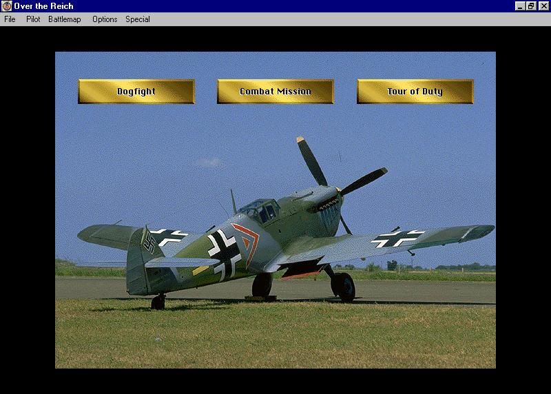 Over the Reich (Windows) screenshot: Choose instant Dogfights, Historical Missions, or Tour of Duty