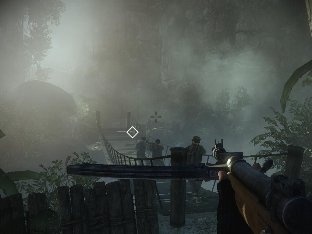Battlefield: Bad Company 2 (Windows) screenshot: Squad crossing foot bridge to rally point