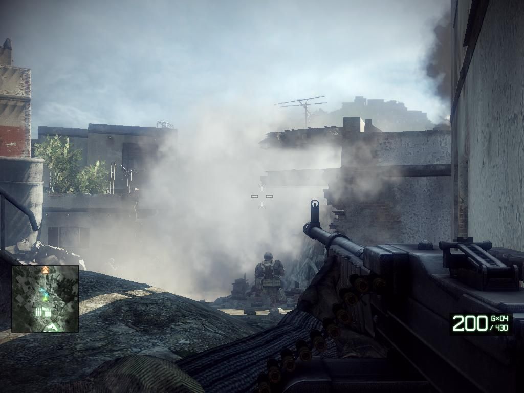 Battlefield: Bad Company 2 (Windows) screenshot: Squad a little dazed as the house crumbles