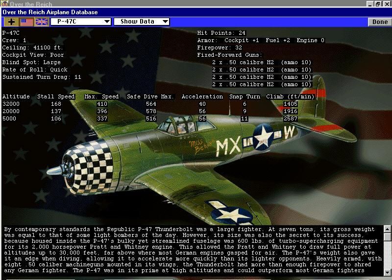 Over the Reich (Windows) screenshot: Plane database for reference and planning