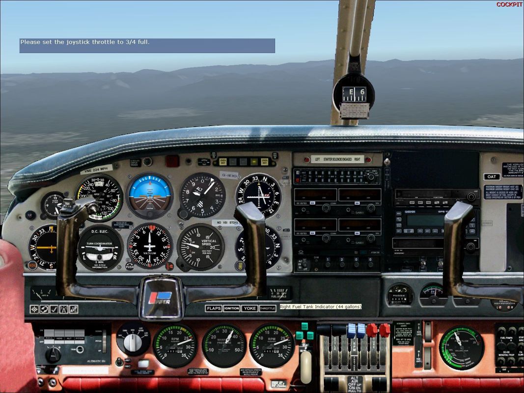 Flying Club (Windows) screenshot: The flight simulator's Commercial Pilot lessons with Rod Machado have been altered to use the Seneca II PA34-200T. This is the instrument panel