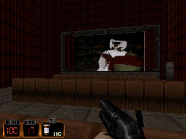 Duke: Nuclear Winter (DOS) screenshot: Holiday horror film plays at the cinema.