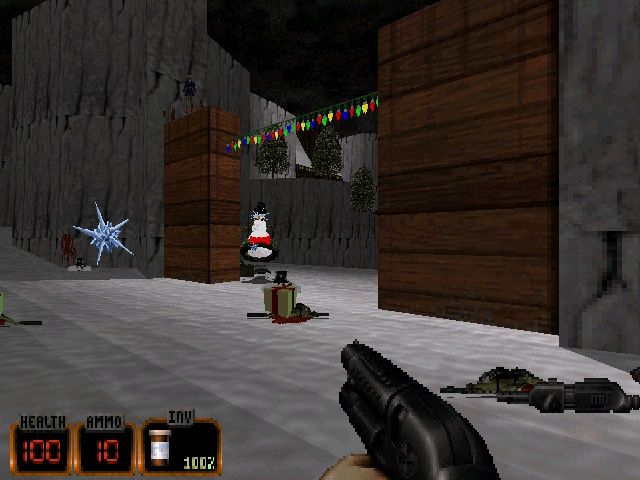 Duke: Nuclear Winter (DOS) screenshot: The floating missile guys get a snowman makeover too.