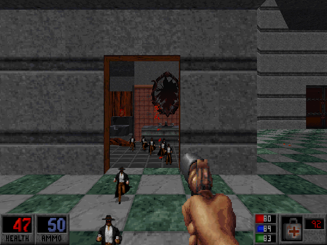 Blood: Plasma Pak (DOS) screenshot: Break these mirrors and mini-Calebs attack, a la Army of Darkness.