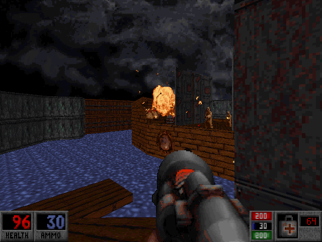 Blood: Plasma Pak (DOS) screenshot: Blowing up a Cabal ship.