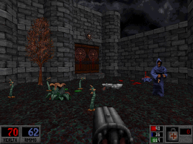 Blood: Plasma Pak (DOS) screenshot: Poison plant enemy and new Tesla cultist.