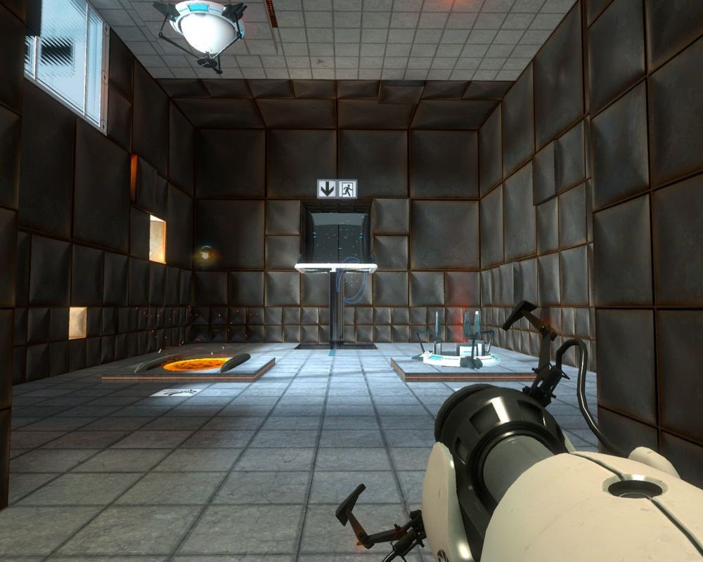 Portal (Macintosh) screenshot: The device on the ceiling shoots energy balls that have to be diverted by the portals