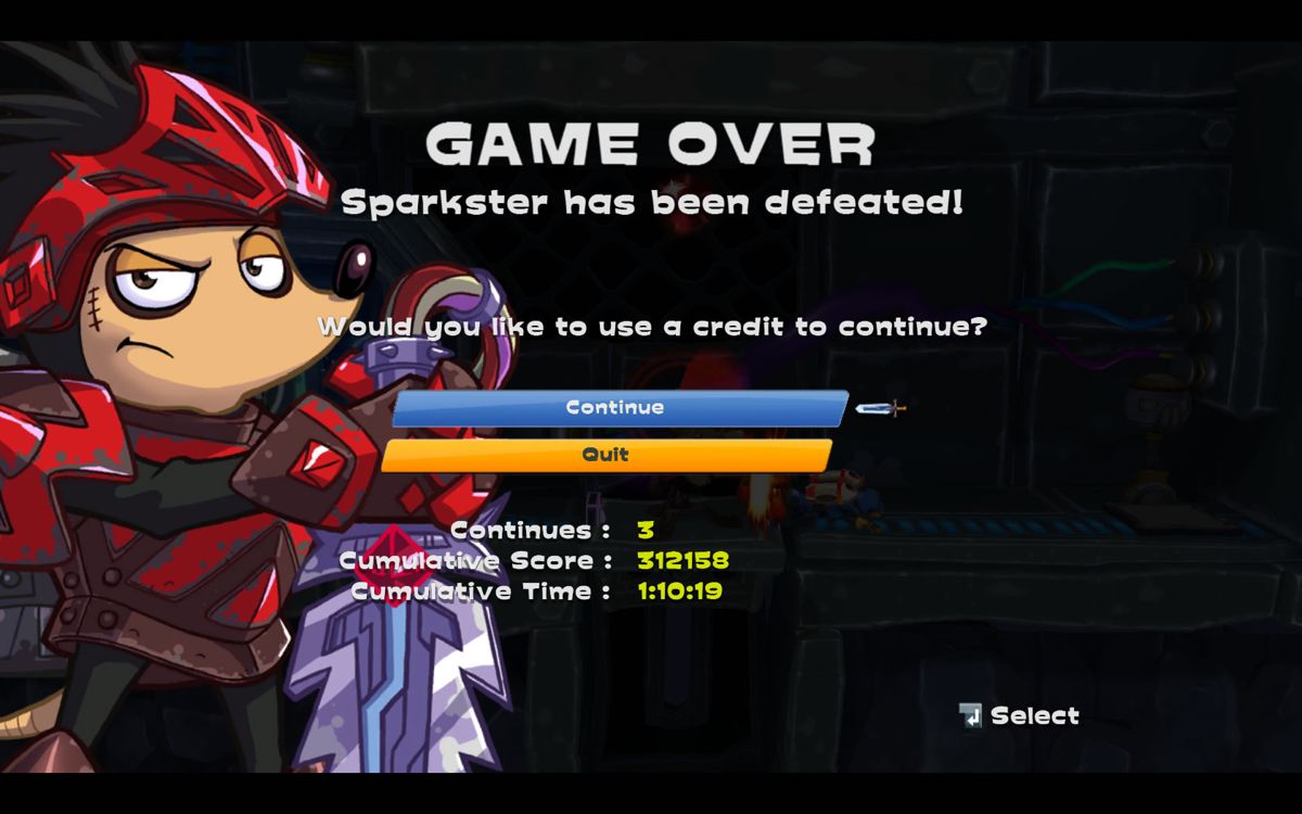 Rocket Knight (Windows) screenshot: Game Over - there are still some continues.