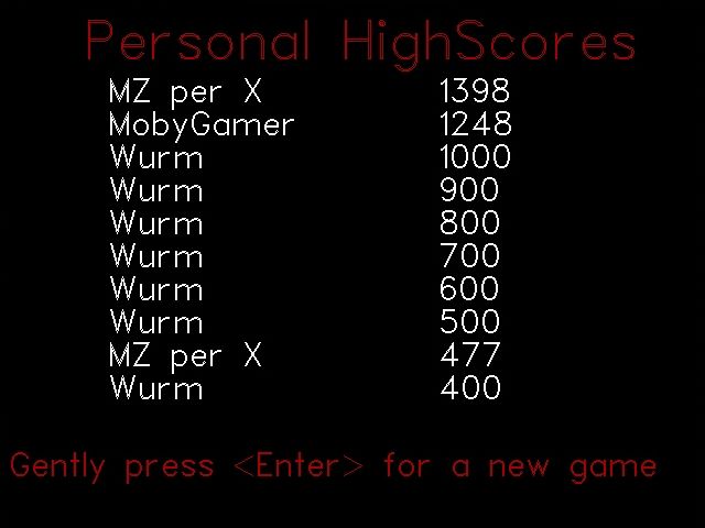 Wurm (DOS) screenshot: Okay, it's not THAT hard to make the high score list in the beginning.