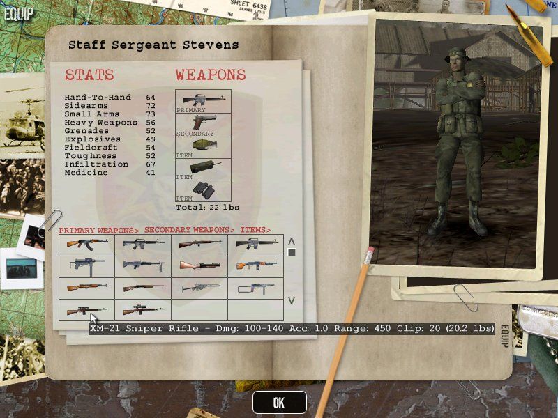 Elite Warriors: Vietnam (Windows) screenshot: Equipment selection screen