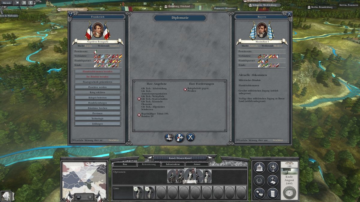 Napoleon: Total War (Windows) screenshot: The diplomacy screen. We're trying to get the Bavarians to attack Prussia.