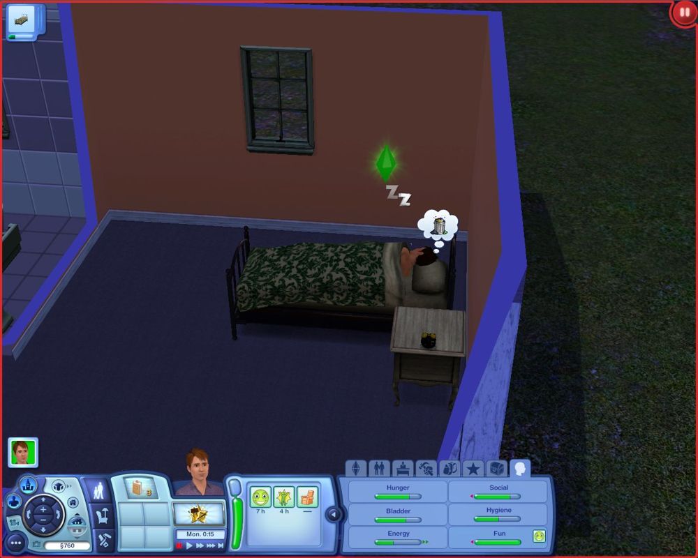 The Sims 3 (Macintosh) screenshot: The first day has passed by quickly. Our tired Sim takes a good night's sleep