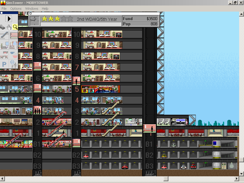 SimTower: The Vertical Empire (Windows 3.x) screenshot: The new express lift transports tenants quickly between the lobbies