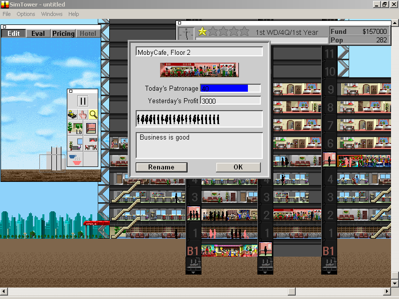 SimTower: The Vertical Empire (Windows 16-bit) screenshot: we rename the cafe to add some personality