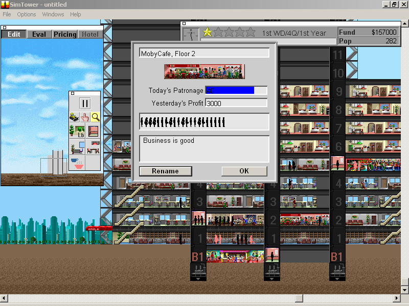 SimTower: The Vertical Empire (Windows 3.x) screenshot: we rename the cafe to add some personality