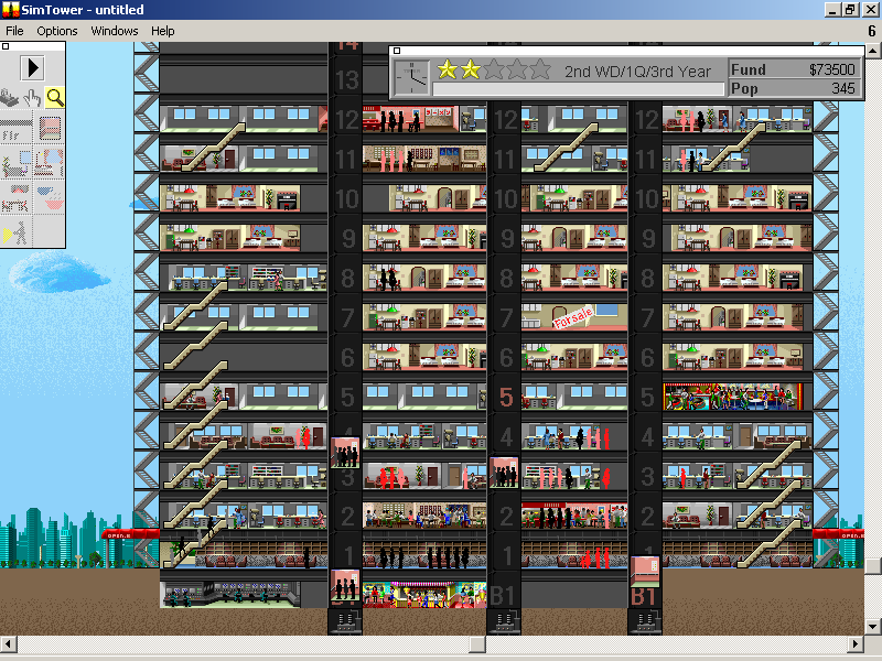 SimTower: The Vertical Empire (Windows 3.x) screenshot: We add a second elevator car to ease the vertical traffic