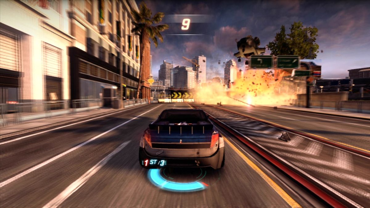 Split/Second (PlayStation 3) screenshot: That helicopter on the right dropped a exploding barrel.