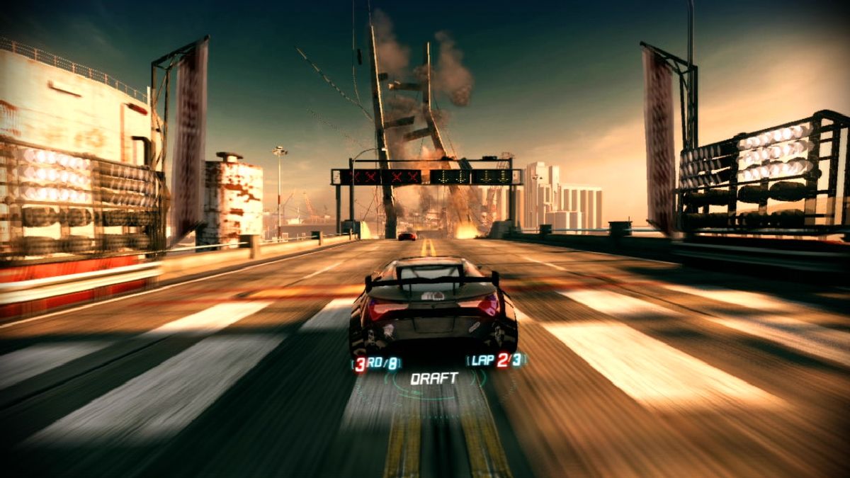 Split/Second (PlayStation 3) screenshot: The bridge is collapsing - prepare for an alternate route.