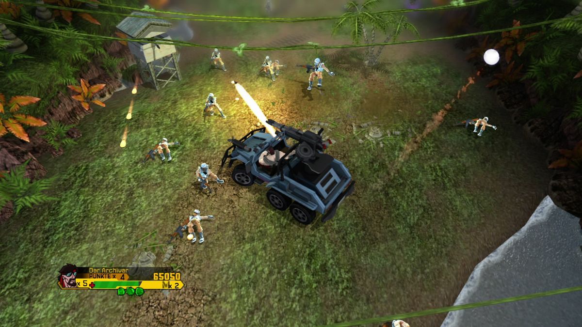 Wolf of the Battlefield: Commando 3 (Xbox 360) screenshot: You and you coop mates can jump onto a vehicle.