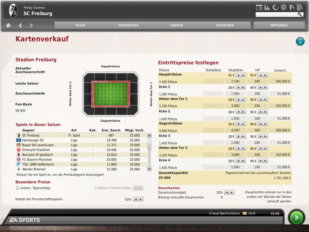 FIFA Manager 10 (Windows) screenshot: Setting the entry fees (demo version)