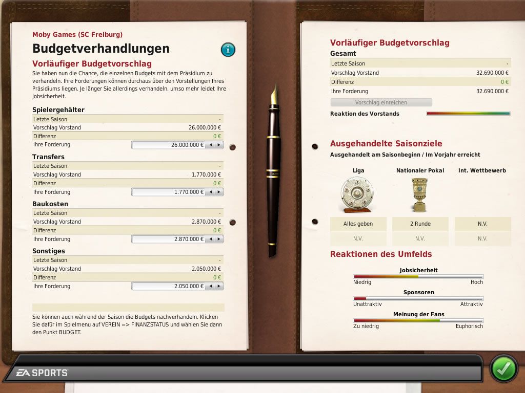 FIFA Manager 10 (Windows) screenshot: Negotiating the budget (demo version)