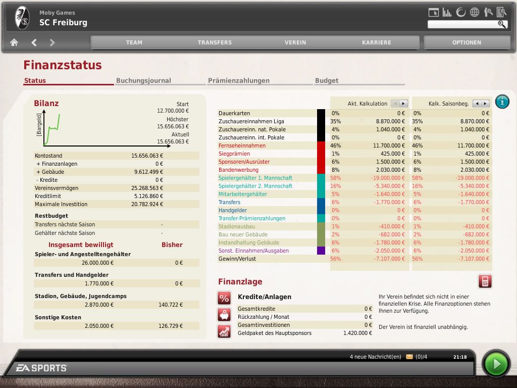FIFA Manager 10 (Windows) screenshot: The financial status (demo version)