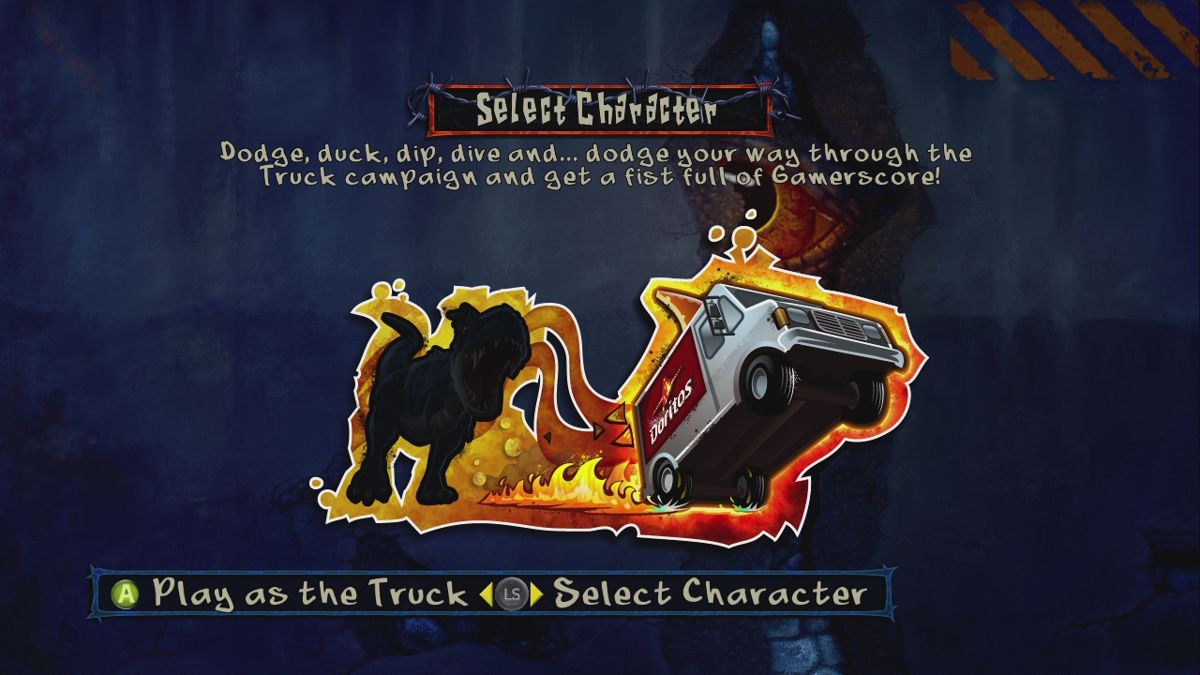 Doritos: Dash of Destruction (Xbox 360) screenshot: You can choose whether to play the dinosaur or the delivery truck.