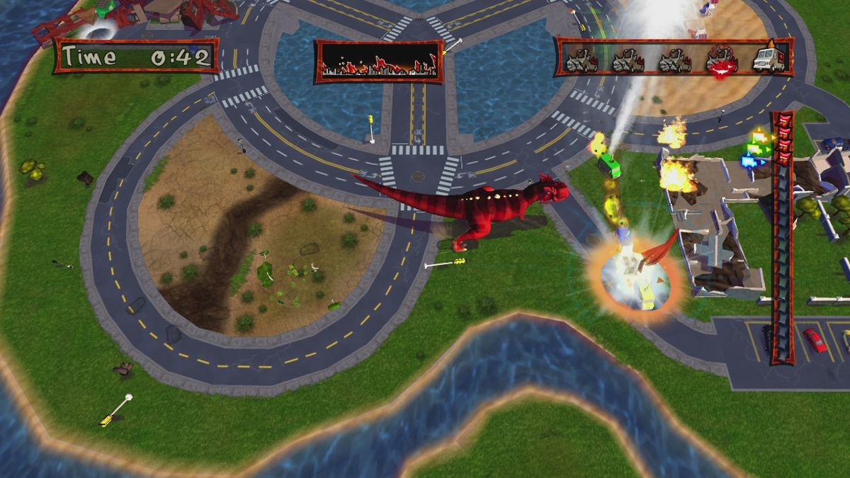 Doritos: Dash of Destruction (Xbox 360) screenshot: The dinosaur has to catch the delivery trucks. The trucks have to catch the dorito icon (the glowing thing on the right side)