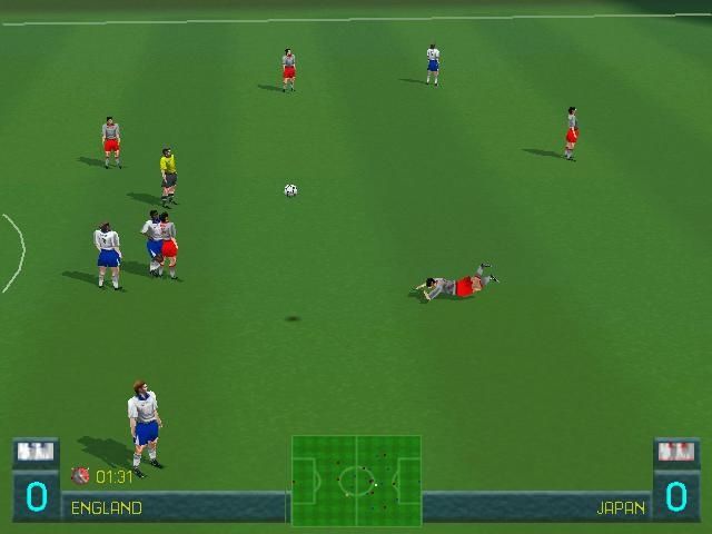 World League Soccer '98 (Windows) screenshot: Brought down hard ....