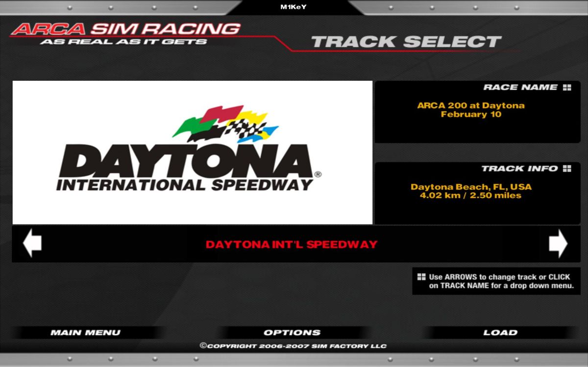 ARCA Sim Racing '08 (Windows) screenshot: Track Select - Daytona!