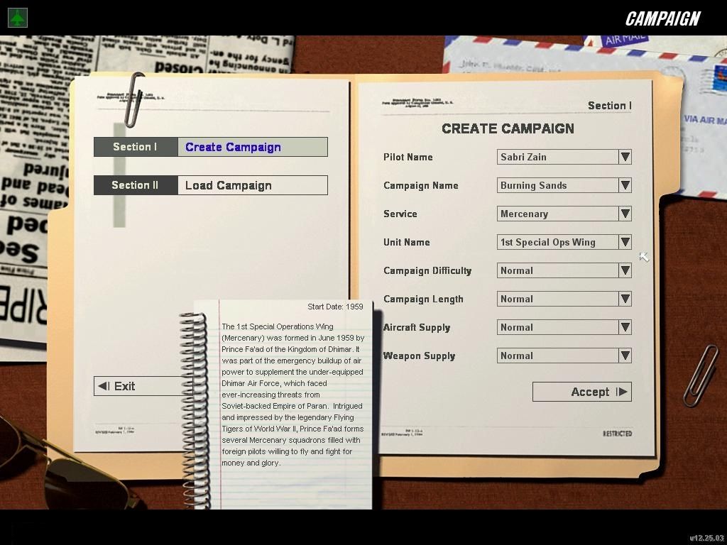 Strike Fighters: Project 1 (Windows) screenshot: Campaign selection screen