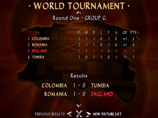 Sensible Soccer '98 (Windows) screenshot: World Cup group standings