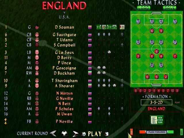 Sensible Soccer '98 (Windows) screenshot: Team formation