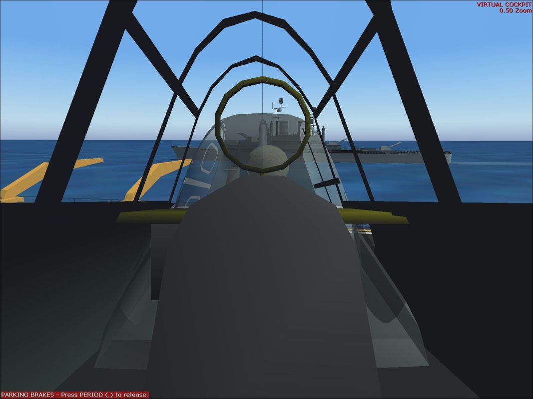 WWII Carrier Ops (Windows) screenshot: The virtual cockpit of the Grumman TBF-1C Avenger on board the Enterprise and looking aft at the support vessel.Flight Simulator 2004Flight Simulator 2004