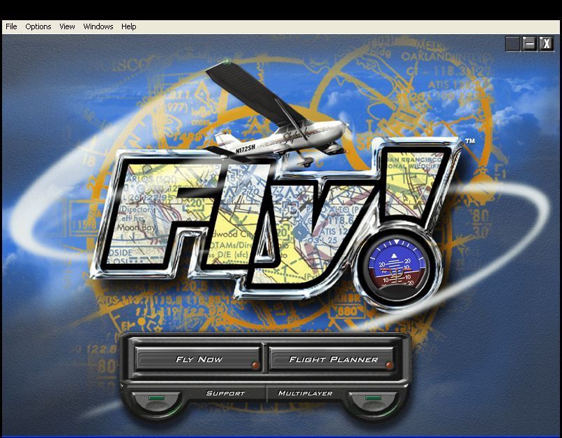 Fly! (Windows) screenshot: The main menu screen, other game options are accessed via the menu bar.