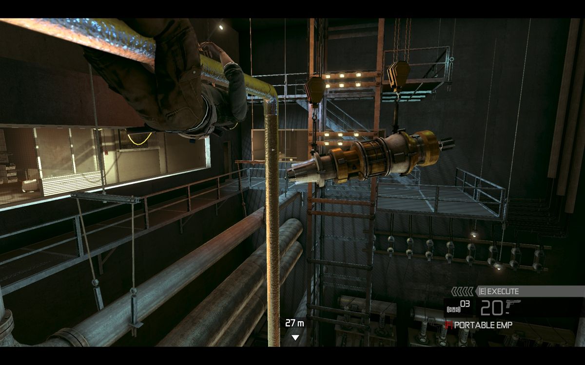 Tom Clancy's Splinter Cell: Conviction (Windows) screenshot: Climbing a pipe. Useful for preparing a death from above.