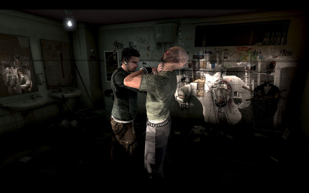 Tom Clancy's Splinter Cell: Conviction (Windows) screenshot: Interrogating someone - to make his monologue less boring, flashbacks play on the wall.