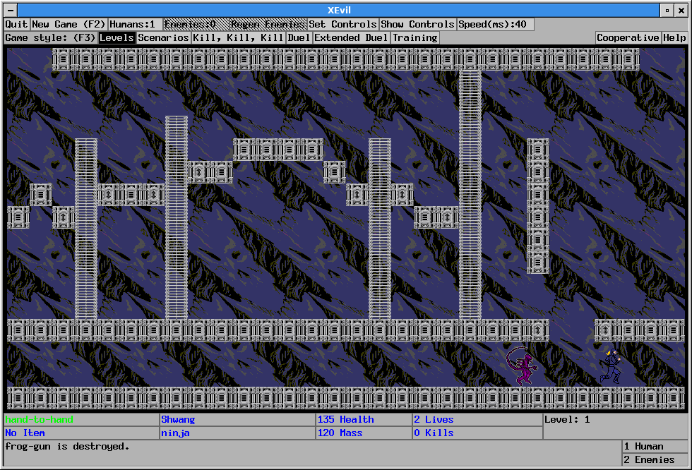 XEvil (Linux) screenshot: Fleeing an alien opponent as the Ninja