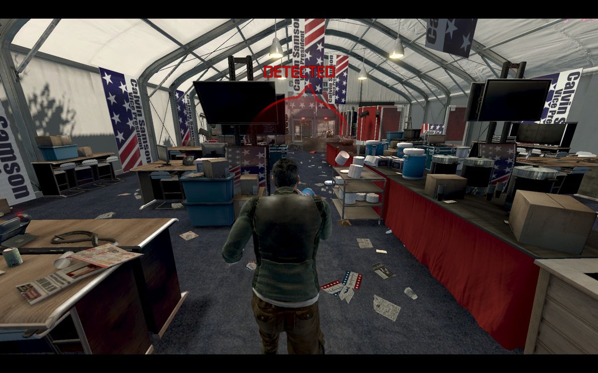 Tom Clancy's Splinter Cell: Conviction (Windows) screenshot: Crashing an election tent or something.