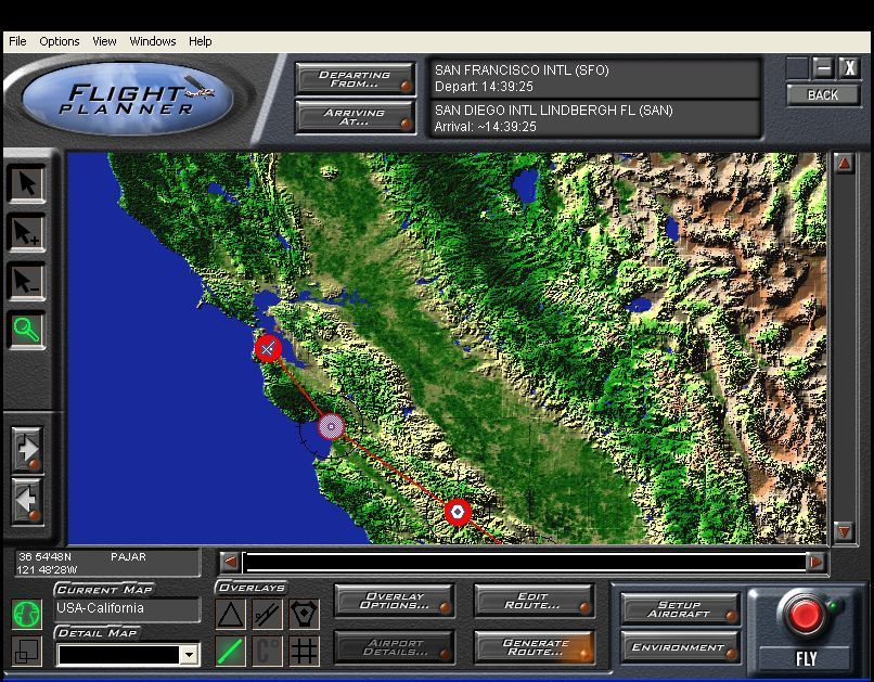 Fly! (Windows) screenshot: Having selected the starting point and the destination the player uses the software to generate a route. This is then displayed on the map, which the player can zoom in/out of.