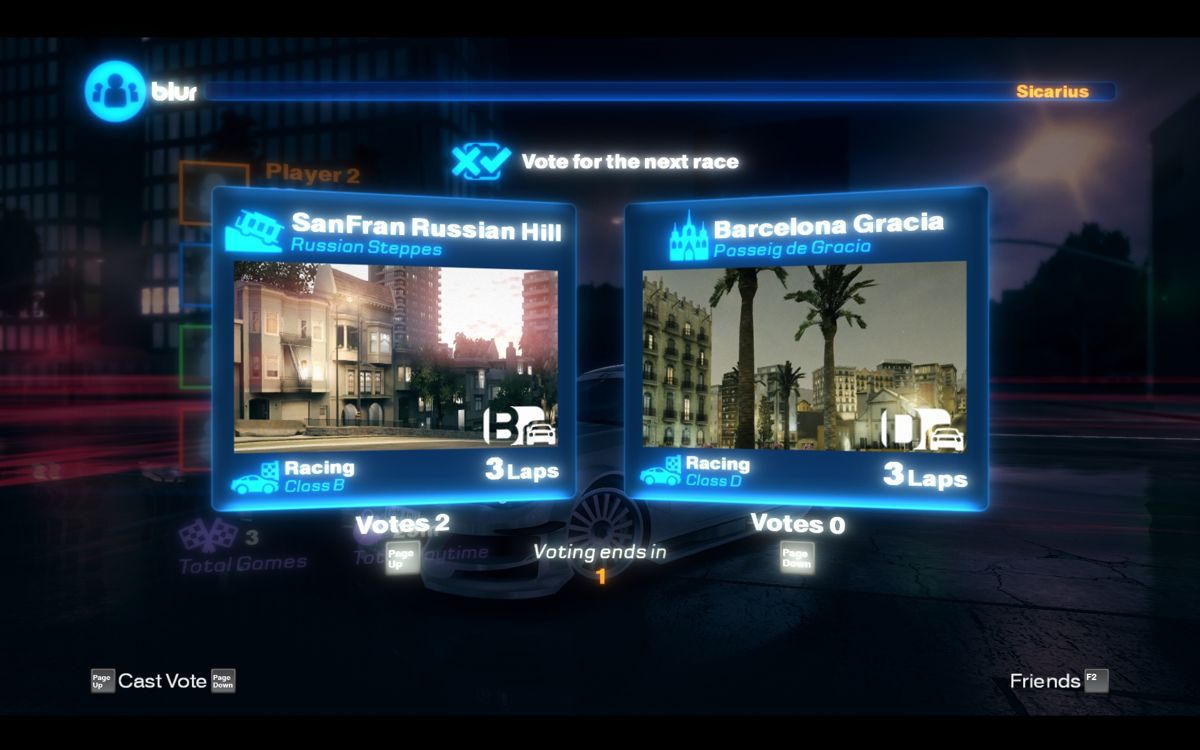 Blur (Windows) screenshot: Players can choose between two maps for the next race.