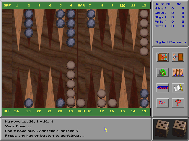 Ultimate Backgammon (DOS) screenshot: An example of the sarcastic AI comments