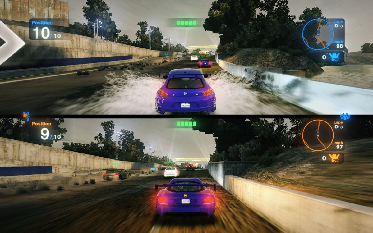 Blur (Windows) screenshot: Racing up-hill through the dirt in two-player splitscreen mode.