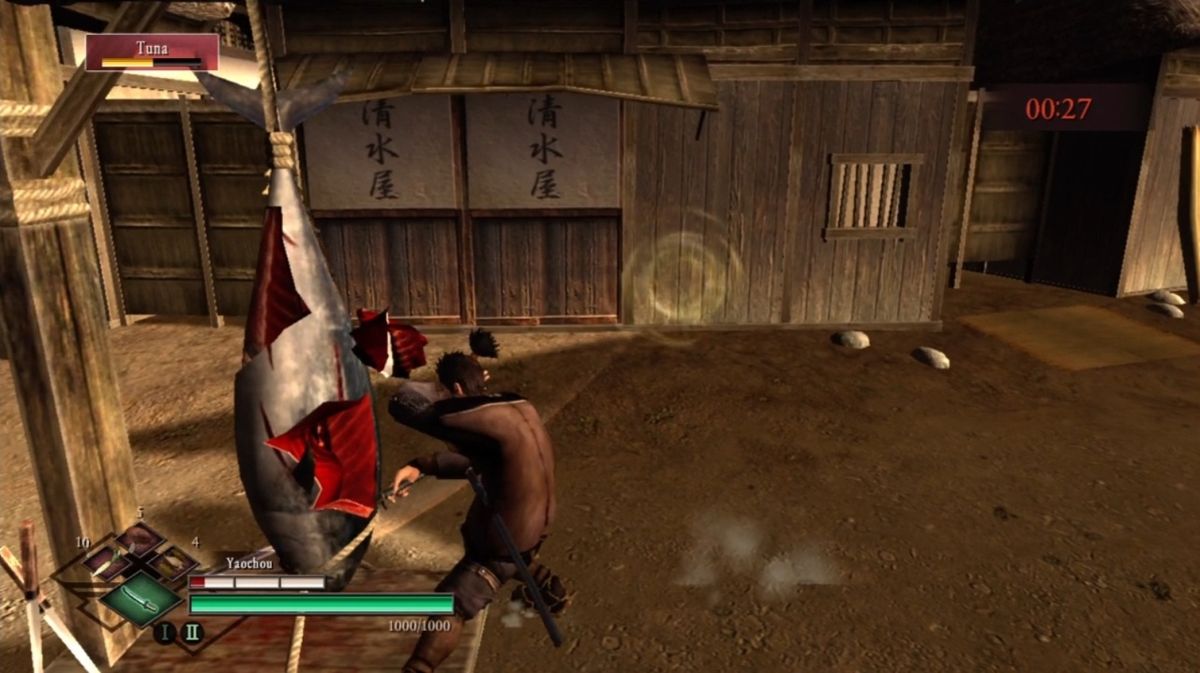 Way of the Samurai 3 (Xbox 360) screenshot: Slashing some fearsome tuna