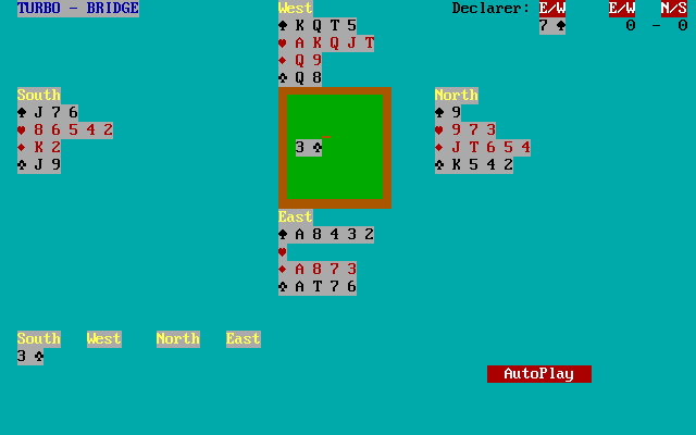 Turbo-Bridge (DOS) screenshot: Here the autoplay function has been enabled while the AI gets on with racking up a huge score