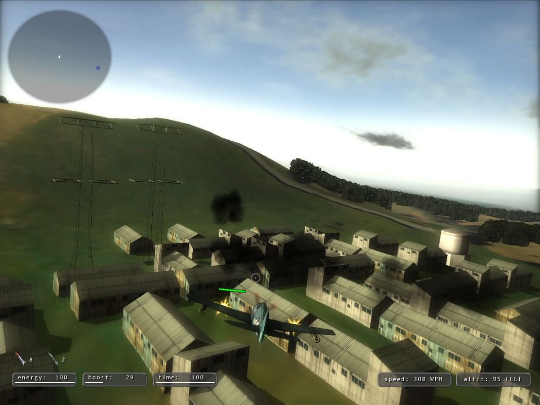Air Aces: Pacific (Windows) screenshot: You can fire at buildings, but only smoke appears.